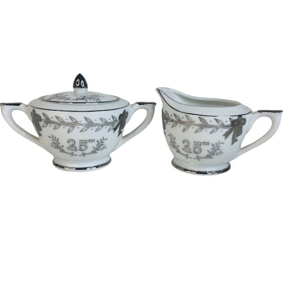 Lefton 25th Anniversary Sugar Bowl With Lid & Creamer Hand Painted Japan Vintage - Picture 1 of 12